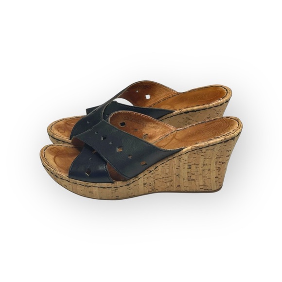 Born® 𖤐 Cross Font Laser Cut Cork Wedge Heel Sandals 𖤐 Black Leather 𖤐 6 36.5 - Picture 7 of 16